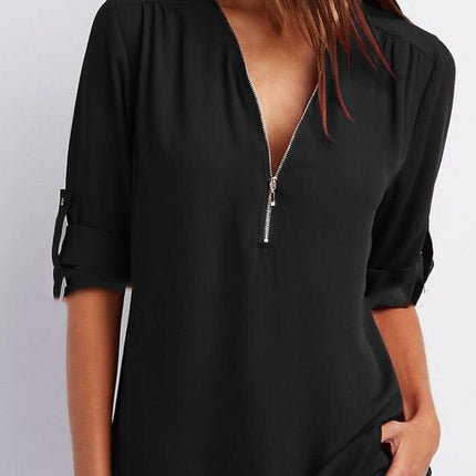 Zip V-neck Shirts Women Short Sleeve Loose Tops