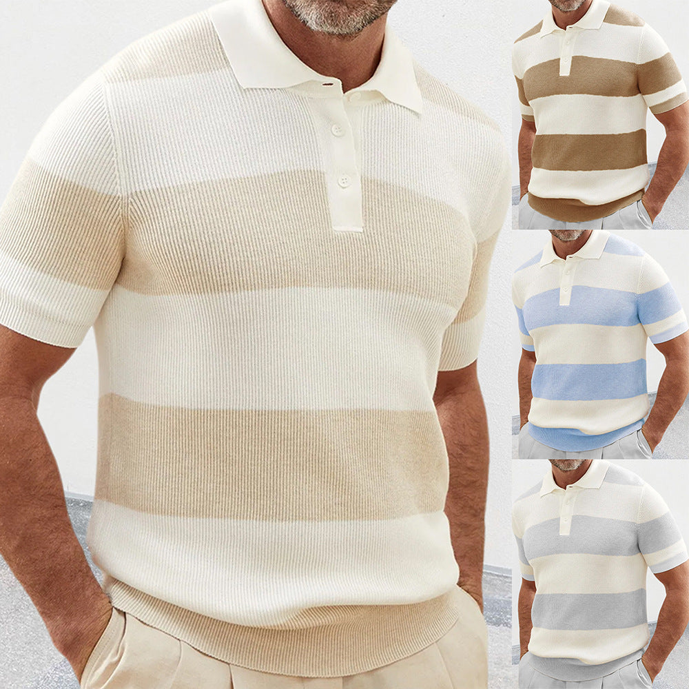 Men’s Summer Lapel Sweater | Slim Fit Short Sleeve Knit Top | Color Block Splicing Design | European & American Style | Lightweight Acrylic Men’s Wear | Trendy Summer Fashion Top - Apparel & Accessories > Clothing > Clothing Tops > Sweaters