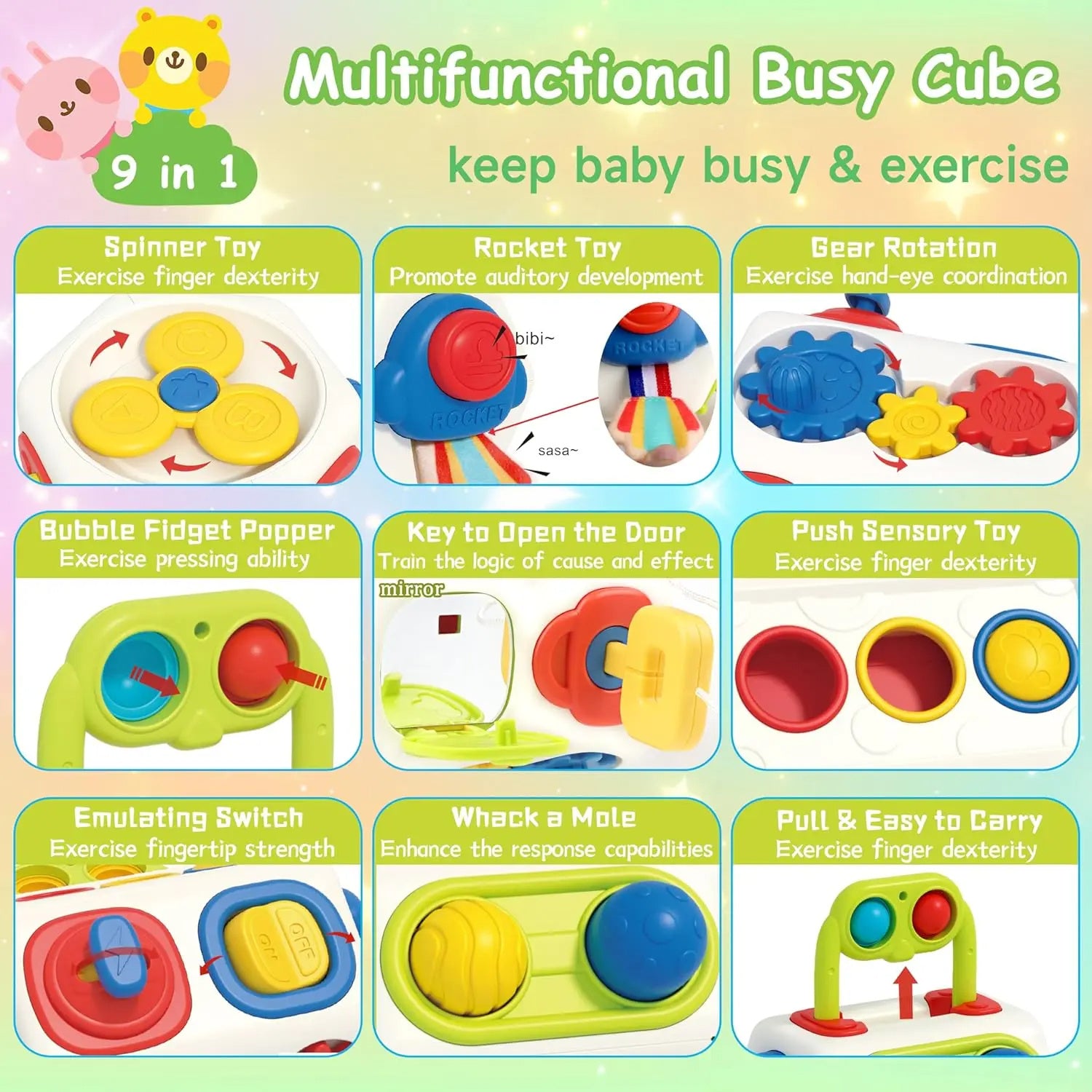 Busy Cube | Montessori Toy | 9 In 1 Busy Cube | Sensory Montessori Fidget | Multicolor | Develops Fine Motor Skills -