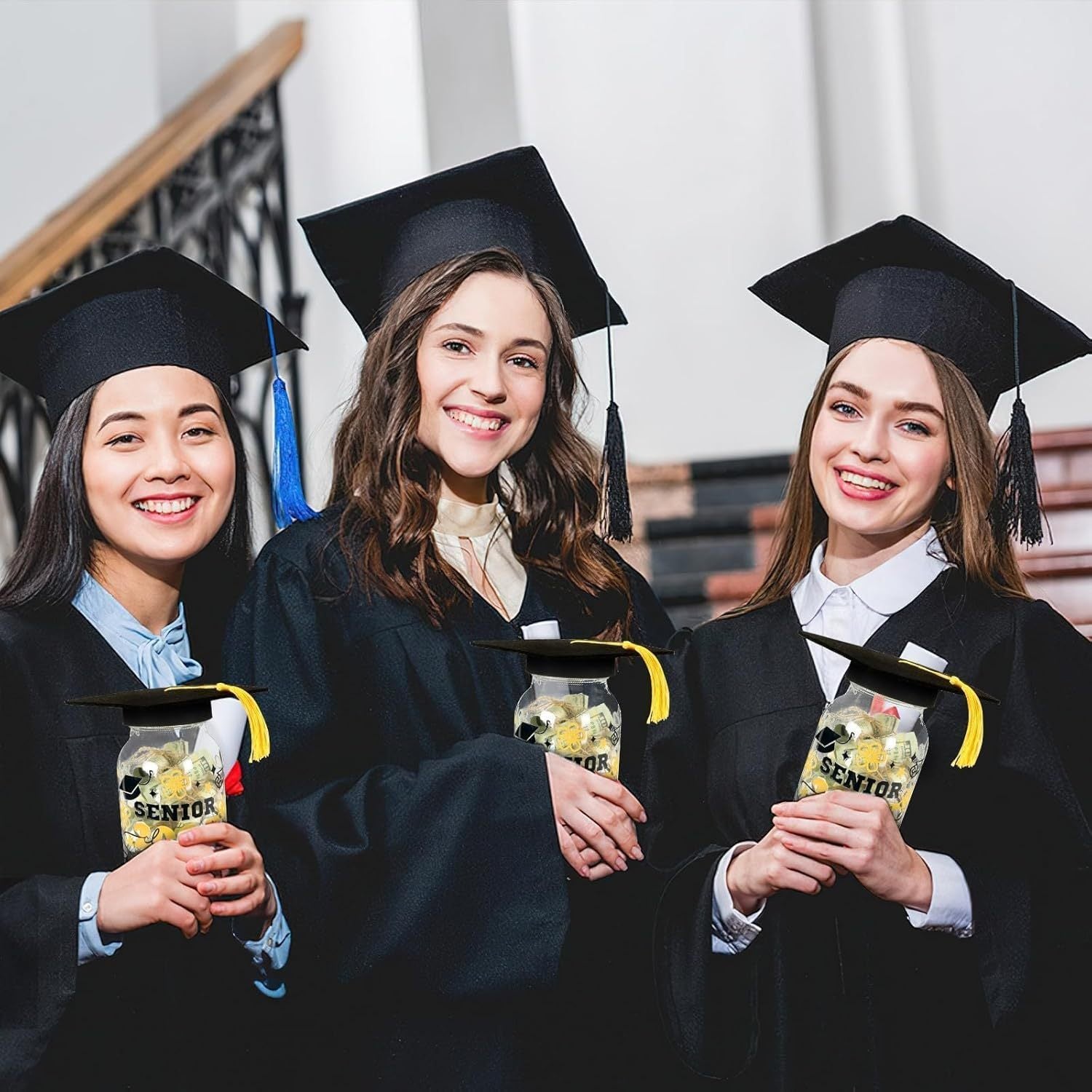 GradGems | Mason Jar Cash Holder | Cap Top With Raffia | Ideal For Festive Favors | 16.4 x 8.6 cm | Stickers -