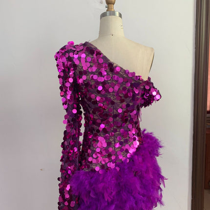 Purple Sequined Feather Skirt One-shoulder Sleeve Short Dress Luxury Party Stage Performance Dress