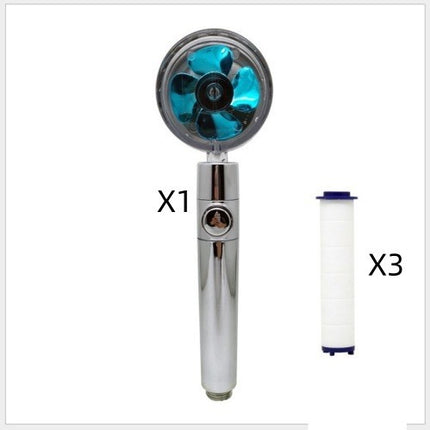 Propeller Driven Shower Head With Stop Button And Cotton Filter Turbocharged High Pressure Handheld Shower Nozzle