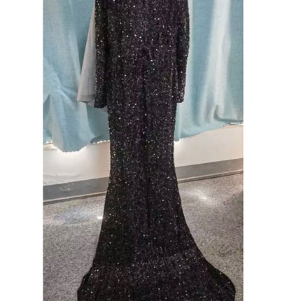 Grey Long Sleeve Sequin Evening Dress