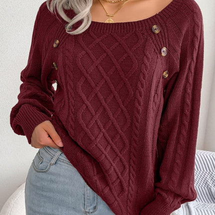 Square Neck Knitted Sweater With Button Design Winter Warm Long Sleeve Tops Women's Clothing