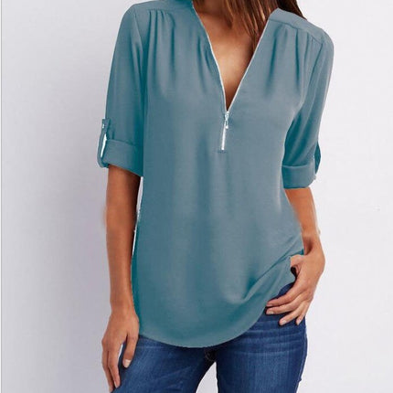 Zip V-neck Shirts Women Short Sleeve Loose Tops