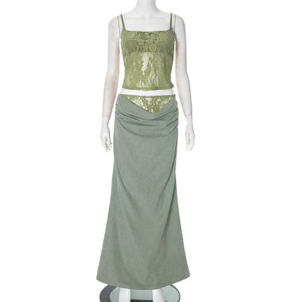 Women's Lace Backless Tube Top Sling Stitching Ruffle Hip Skirt Suit