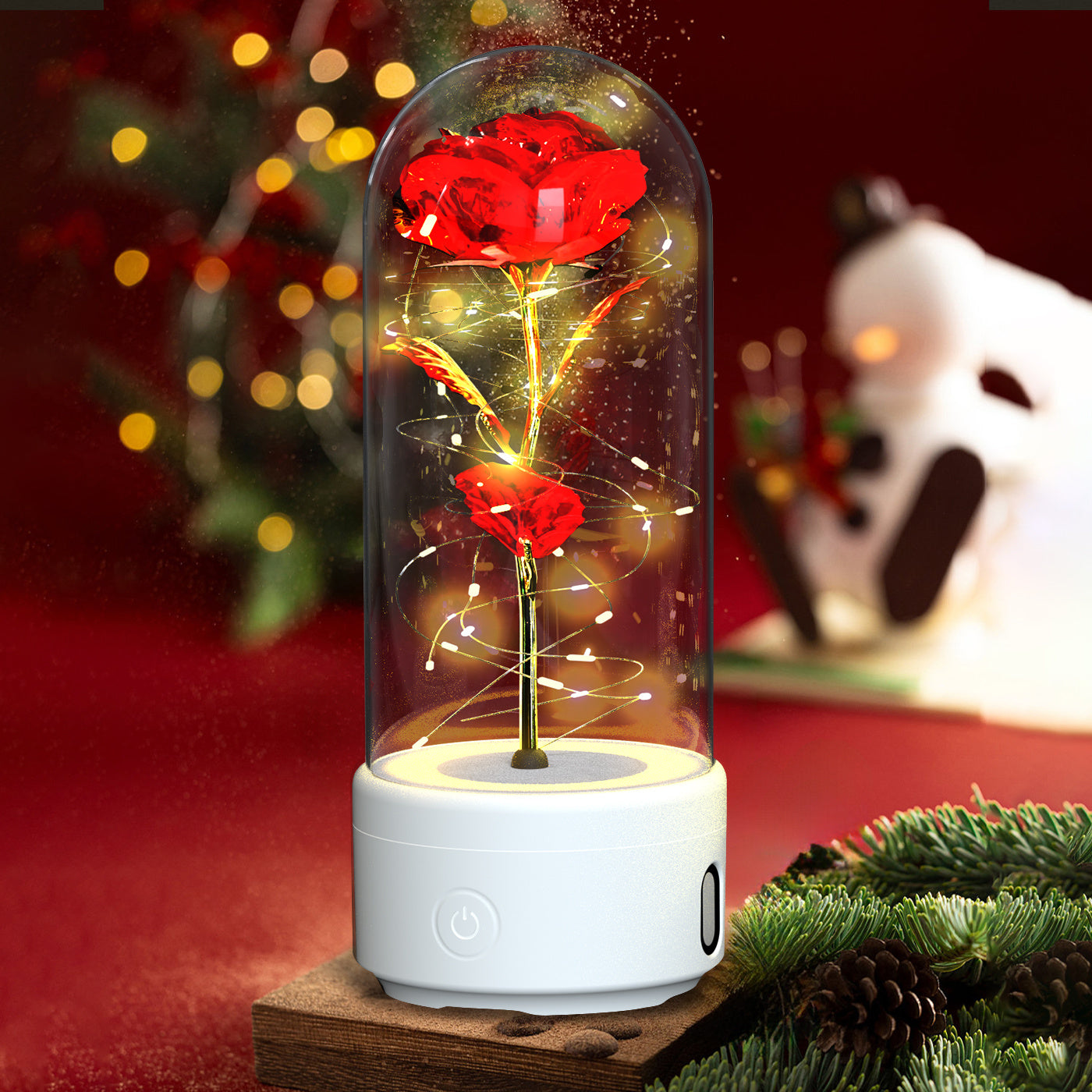 Creative | 2 In 1 Rose Led Bluetooth Light And Speaker | Rose Led Night Light | Glass Cover | Red | Romantic Gift -