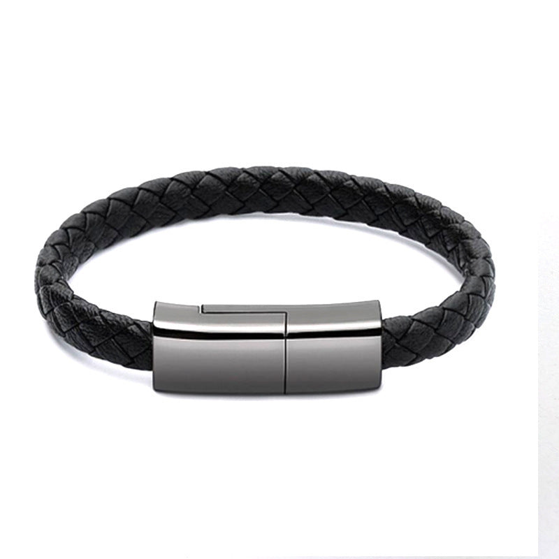 BraceletCharge | Bracelet Charger Cable | Braided Leather | Emergency USB Cable | Black | On-The-Go iPhone Charging -