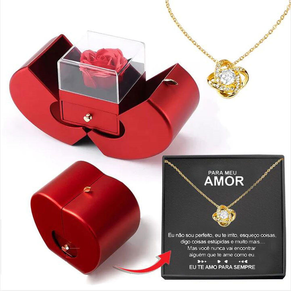 Eternal Rose Apple Gift Box Necklace | Heart Pendant Clavicle Chain for Women | Preserved Soap Flower Jewelry Box | Romantic Christmas, Valentine’s & Mother’s Day Gift | Gold/Silver Plated Copper Necklace Set - Health & Beauty > Jewelry Cleaning & Care > Jewelry Holders > Jewelry Boxes