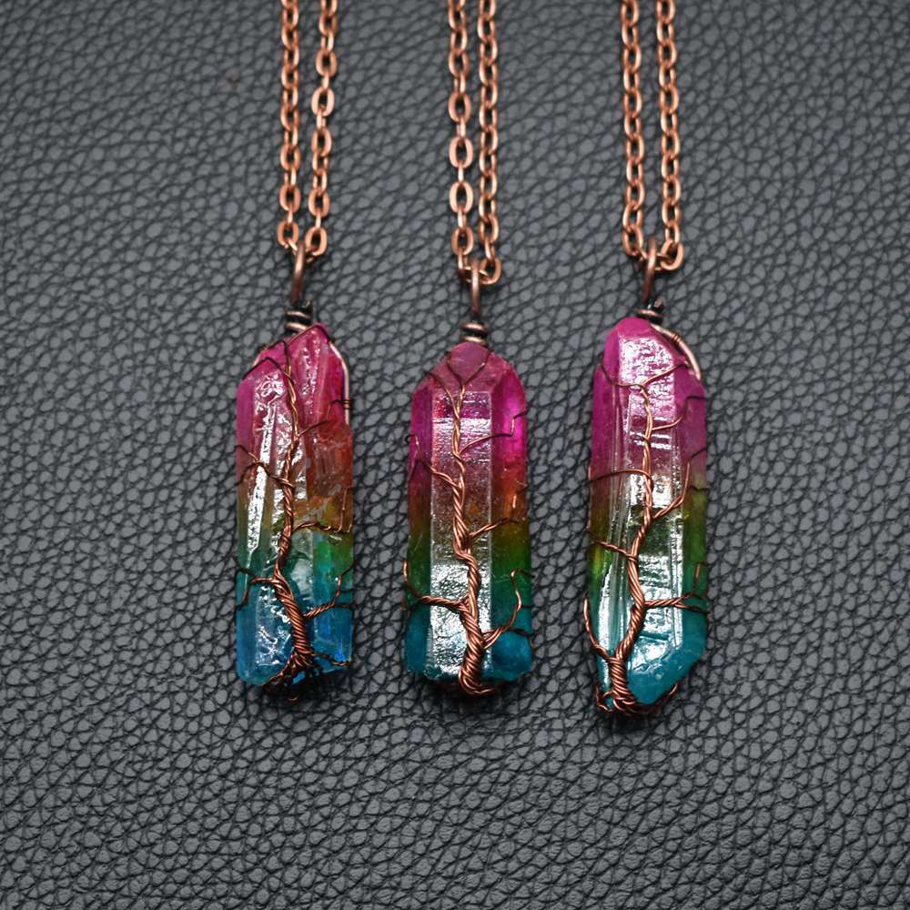 Stone Crystal Pillar Necklace | Tree of Life Pendant for Women | Natural Crystal Column Jewelry | Simple O-Chain with Extension | Rainbow Color Options | Fashion Healing Energy Necklace - Apparel & Accessories > Jewelry > Necklaces