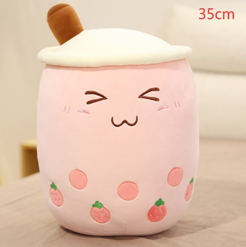 KawaiiTea | Plush Toy | Soft Fabric | Embroidered Face | Strawberry Pink Bubble Tea | Cuddle Tea Pillow -
