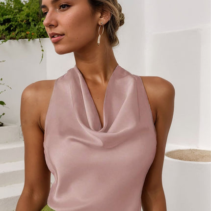 Women Solid Color Swing Collar Sleeveless Vest Trendy Elegant Shirt With Halter Neckline Backless Short Sleeve Tops Tshirts