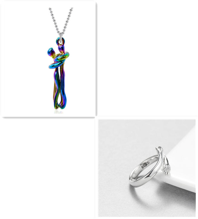 Love Hug Necklace | Unisex Couples Pendant Jewelry | Simple Brass Clavicle Chain | Cartoon Hug Pendant for Men & Women | Valentine’s Day Lover Gift | Adjustable 40+5cm Chain - Apparel & Accessories > Jewelry > Necklaces