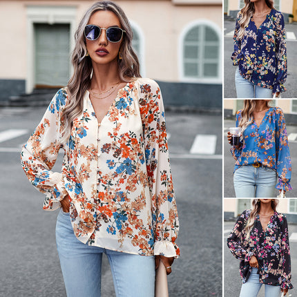 Women's Tops Casual Floral Print V Neck Long Sleeve Shirts Loose Chiffon Blouses Shirts Tops