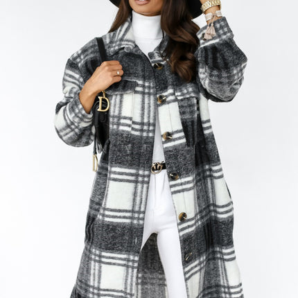 Button Lapel Casual Warm Plaid Long Woolen Coat