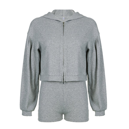 Knitted Zipper Sweater V-neck Triangle Cup Bra Shorts Casual Three-piece Suit