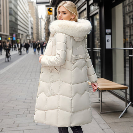 Winter Long Coat With Thickened Fur Collar Straight Slim Cotton-padded Jacket Women