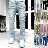 Men’s Stacked Jeans | Tight Fit Long Trousers with Patched Design | Trendy Solid Color Streetwear Pants | Cotton Slim Fit Fashion Jeans for Men | Stylish Modern Men’s Clothing - Apparel & Accessories > Clothing > Pants > Jeans