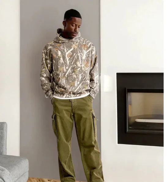 GenZ Cozywear | Hooded Floral Sweatshirt | Floral Print | Front Pockets | Khaki And Grey | Cozy Everyday Layering - Apparel & Accessories > Clothing > Clothing Tops > Hoodies