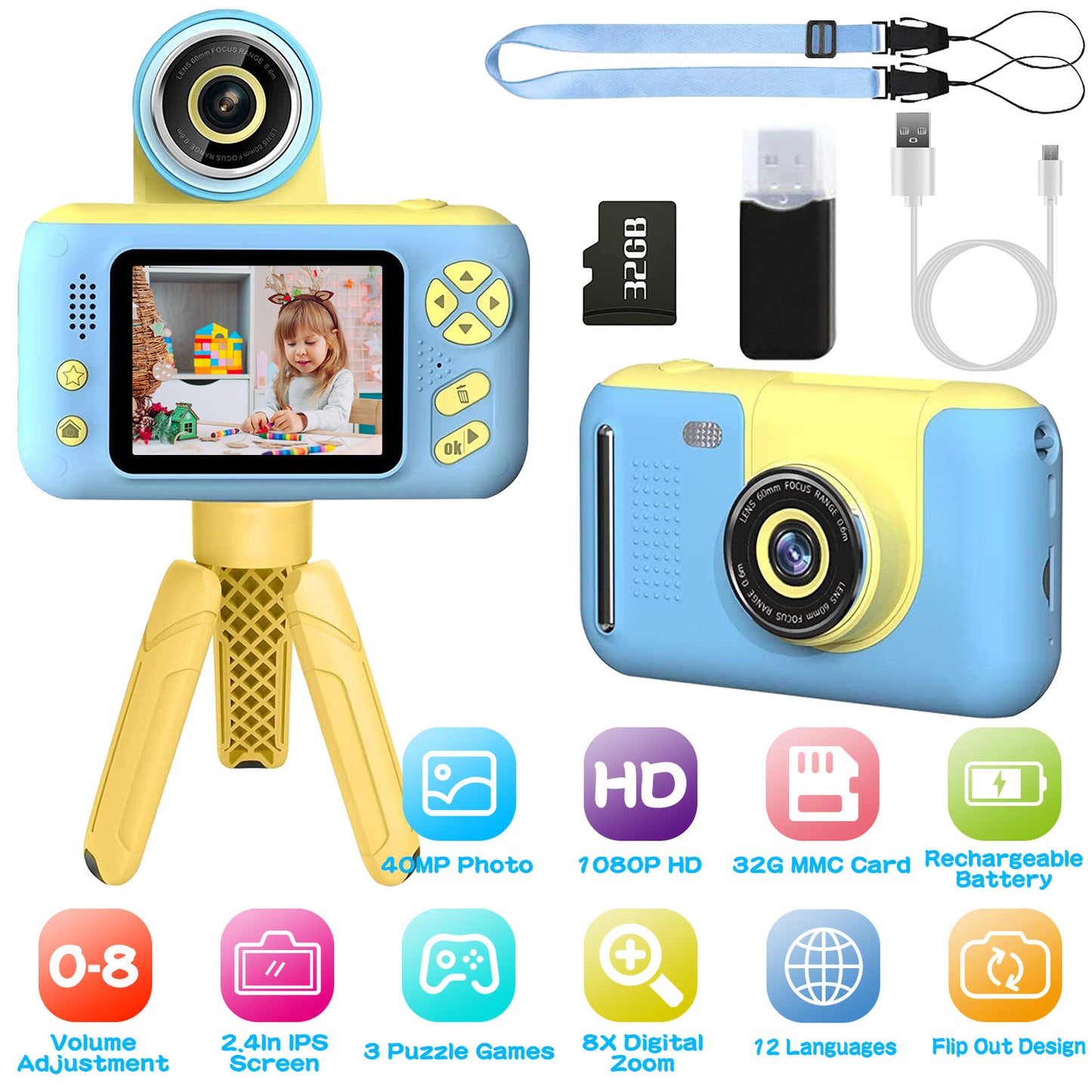 KidVue | Kids Digital Camera | Flip Lens | 32GB Card Included | Blue | Easy Kid Photos And Videos Anywhere -