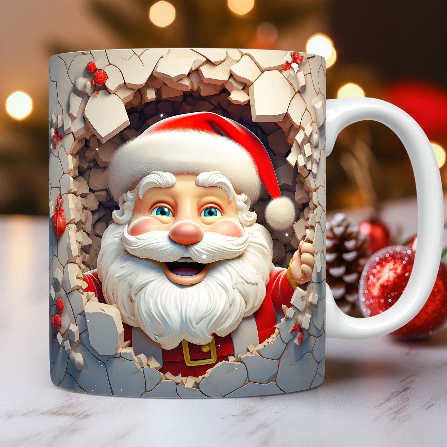 Creative | 3D Christmas Ceramic Mug | Santa Claus 3D Painted | Comfortable Grip Handle | White | Ideal Christmas Gift -