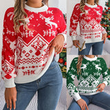 Long Sleeve Hoodie Sweater | Festive Deer Pattern | Lantern Sleeve | Red And Green | Cozy Winter Comfort For Women -