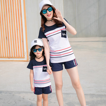 Color Matching Pocket Family Suit Parent-child Short Sleeve T-shirt