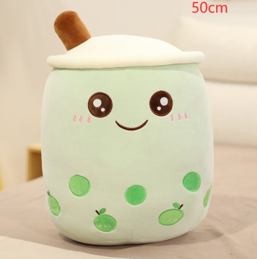 KawaiiTea | Plush Toy | Soft Fabric | Embroidered Face | Strawberry Pink Bubble Tea | Cuddle Tea Pillow -