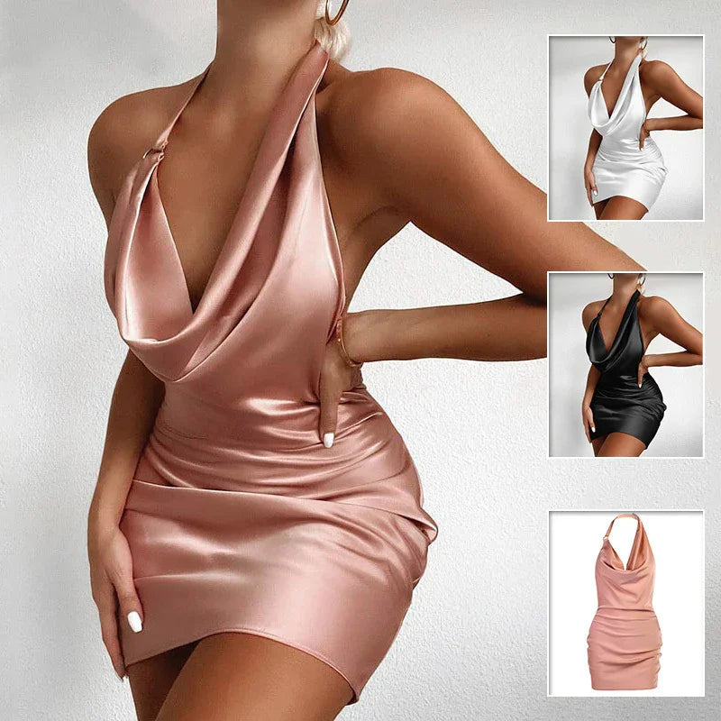 Luxe Satin | Satin Party Dress | Adjustable Halter Tie | Soft Satin With Side Ruching | Flattering Fit For Parties - Apparel & Accessories > Clothing > Dresses