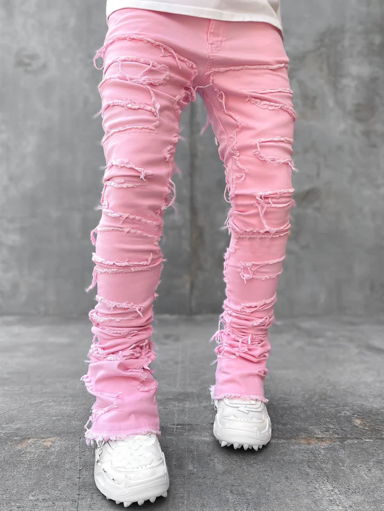 Men’s Stacked Jeans | Tight Fit Long Trousers with Patched Design | Trendy Solid Color Streetwear Pants | Cotton Slim Fit Fashion Jeans for Men | Stylish Modern Men’s Clothing - Apparel & Accessories > Clothing > Pants > Jeans