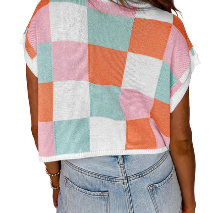 Midriff-baring Short Sleeve Color Block Round Neck Knitted Checkerboard Plaid Sweater