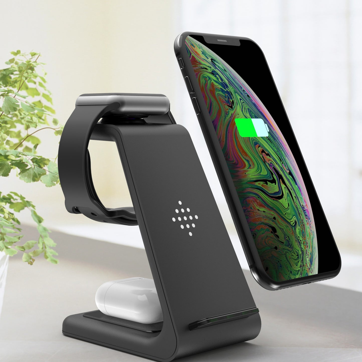 | 3 In 1 Fast Charging Station Wireless Stand | Fast Charge | Qi Dock For Phone Earbuds | Black | Desk Space Saver -