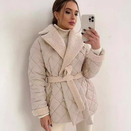 Winter Lapel Plaid Coat Fashion All-match Waist-tied Design Coat For Women Outwear Clothing