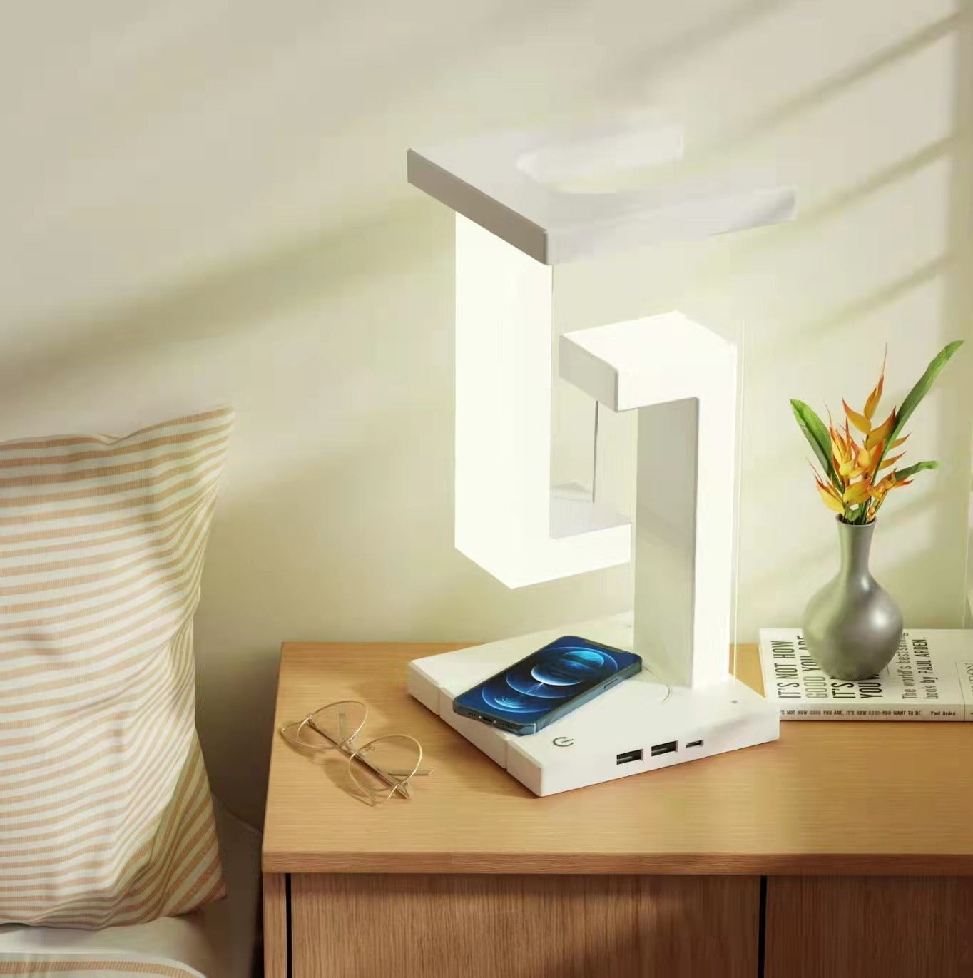 LumaNova | Wireless Charging Table Lamp | Floating Suspension | Charges Phones Wirelessly | Ambient Night Light -
