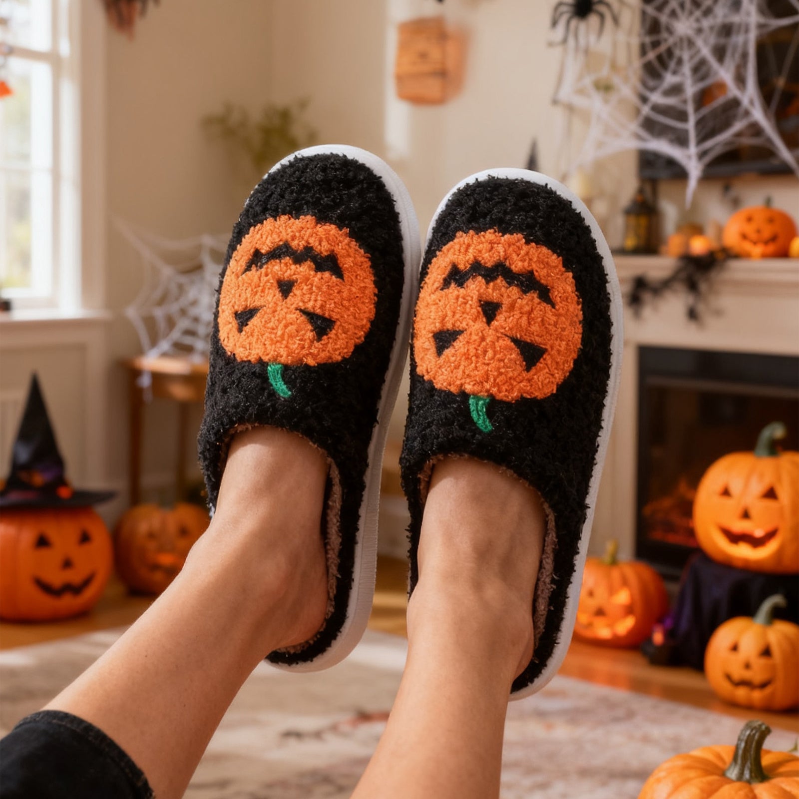 Halloween Pumpkin Slippers for Women & Men | Warm Winter Indoor House Shoes | Soft Suede Upper | Non-Slip Rubber Sole | Cozy Cotton Lining | Couples Plush Home Slippers - Apparel & Accessories > Shoes > Slippers