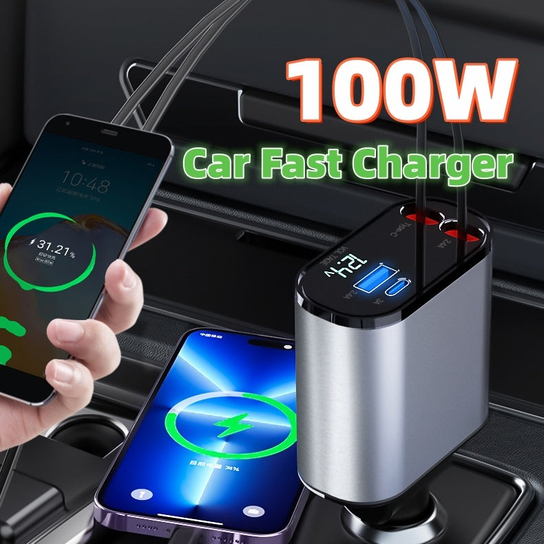 VoltPro | Car Charger | 100W USB C Fast Charge | Retractable Design Auto Storage | Ultra Fast In Car Charging -
