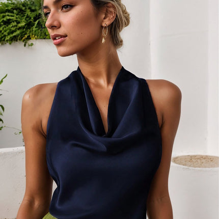 Women Solid Color Swing Collar Sleeveless Vest Trendy Elegant Shirt With Halter Neckline Backless Short Sleeve Tops Tshirts