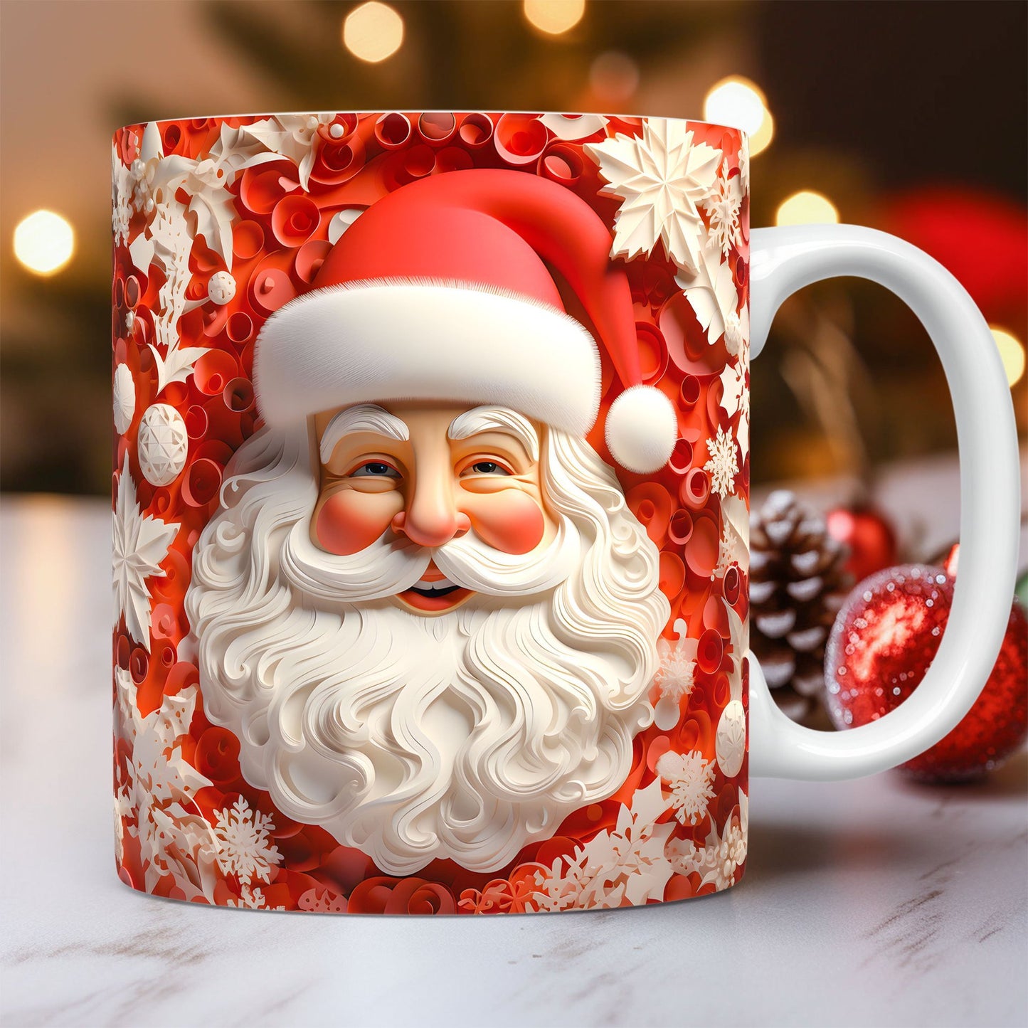Creative | 3D Christmas Ceramic Mug | Santa Claus 3D Painted | Comfortable Grip Handle | White | Ideal Christmas Gift -