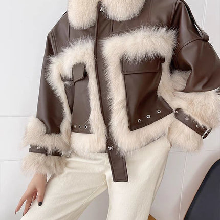 Sense Fox Fur Stitching Leather Coat