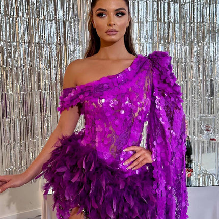 Purple Sequined Feather Skirt One-shoulder Sleeve Short Dress Luxury Party Stage Performance Dress