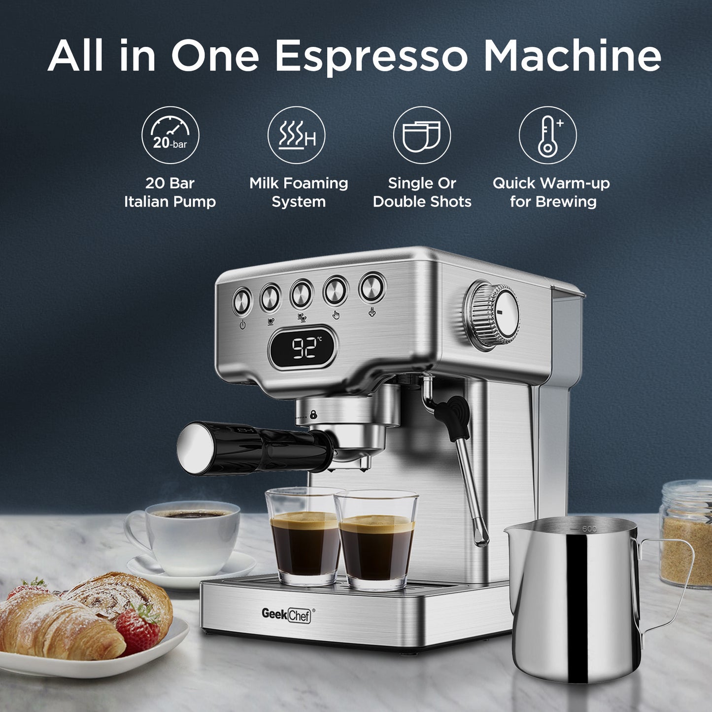 Geek Chef | Espresso Machine | 20 Bar | Milk Frother | Stainless | Cafe Quality Espresso -