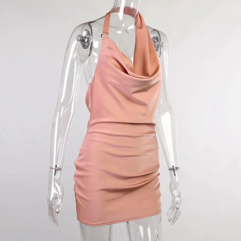 Luxe Satin | Satin Party Dress | Adjustable Halter Tie | Soft Satin With Side Ruching | Flattering Fit For Parties - Apparel & Accessories > Clothing > Dresses