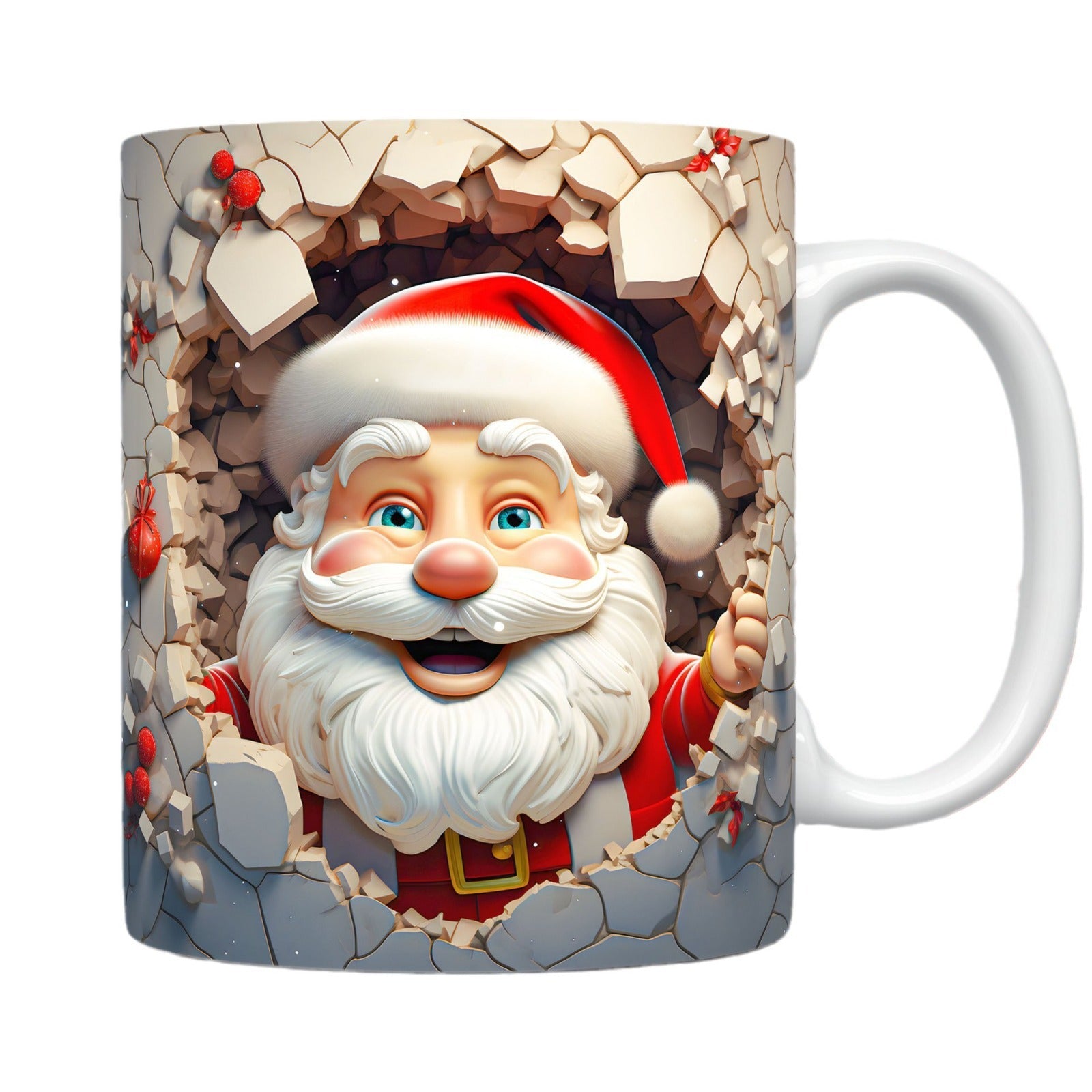 Creative | 3D Christmas Ceramic Mug | Santa Claus 3D Painted | Comfortable Grip Handle | White | Ideal Christmas Gift -