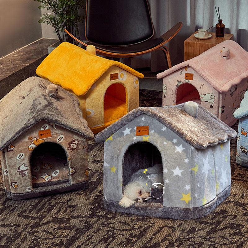 Foldable Dog & Cat House Bed | Warm Winter Enclosed Cave Kennel | Self-Warming Plush Pet Nest with Durable Non-Slip Bottom | Removable Cozy Villa | S–L - Animals & Pet Supplies > Pet Supplies > Pet Beds > Caves