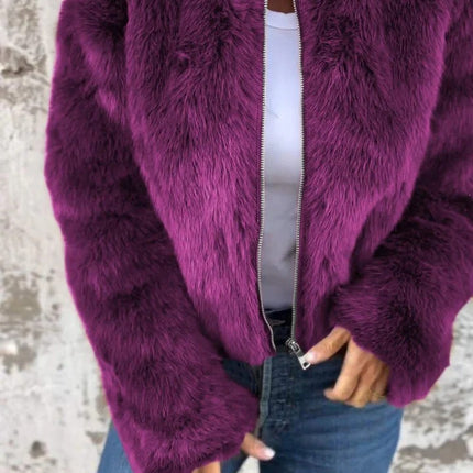 Fashion Stand Collar Plush Jacket Winter Casual Turtleneck Zipper Coat Fleece Tops Women's Clothing