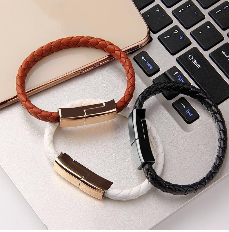 BraceletCharge | Bracelet Charger Cable | Braided Leather | Emergency USB Cable | Black | On-The-Go iPhone Charging -