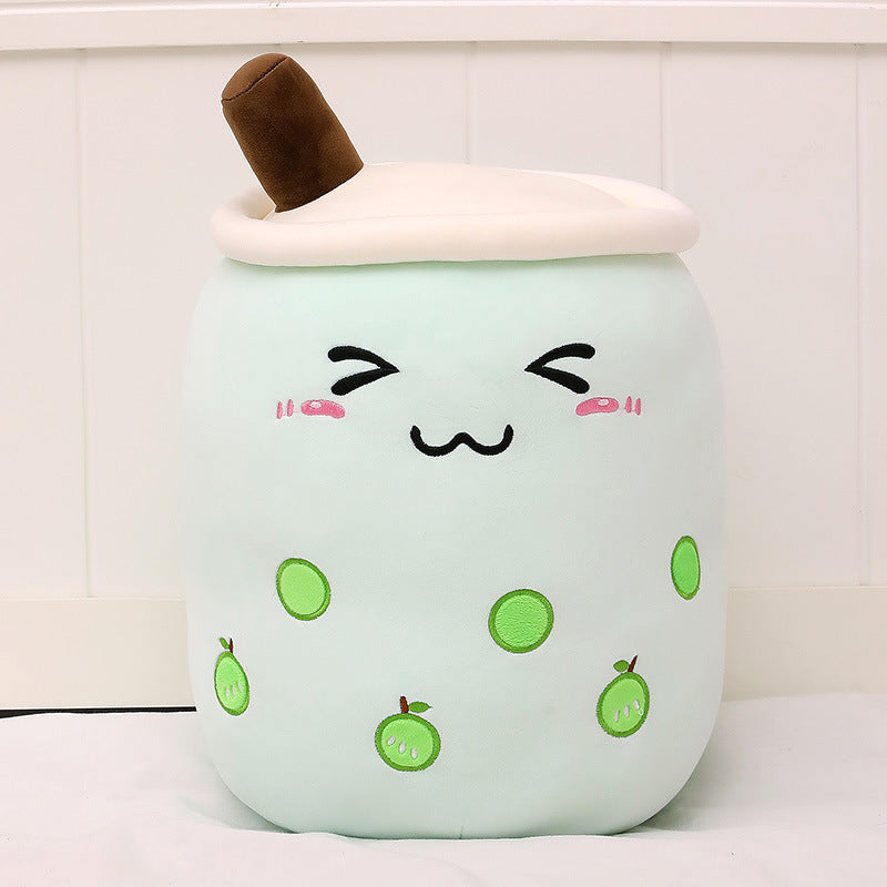 KawaiiTea | Plush Toy | Soft Fabric | Embroidered Face | Strawberry Pink Bubble Tea | Cuddle Tea Pillow -