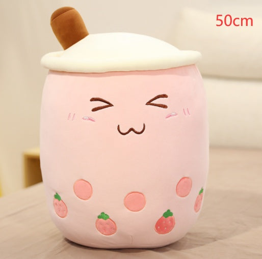 KawaiiTea | Plush Toy | Soft Fabric | Embroidered Face | Strawberry Pink Bubble Tea | Cuddle Tea Pillow -