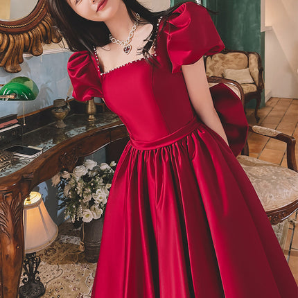 Winter Wine Red Engagement Daily French Princess On The Run Satin Dress