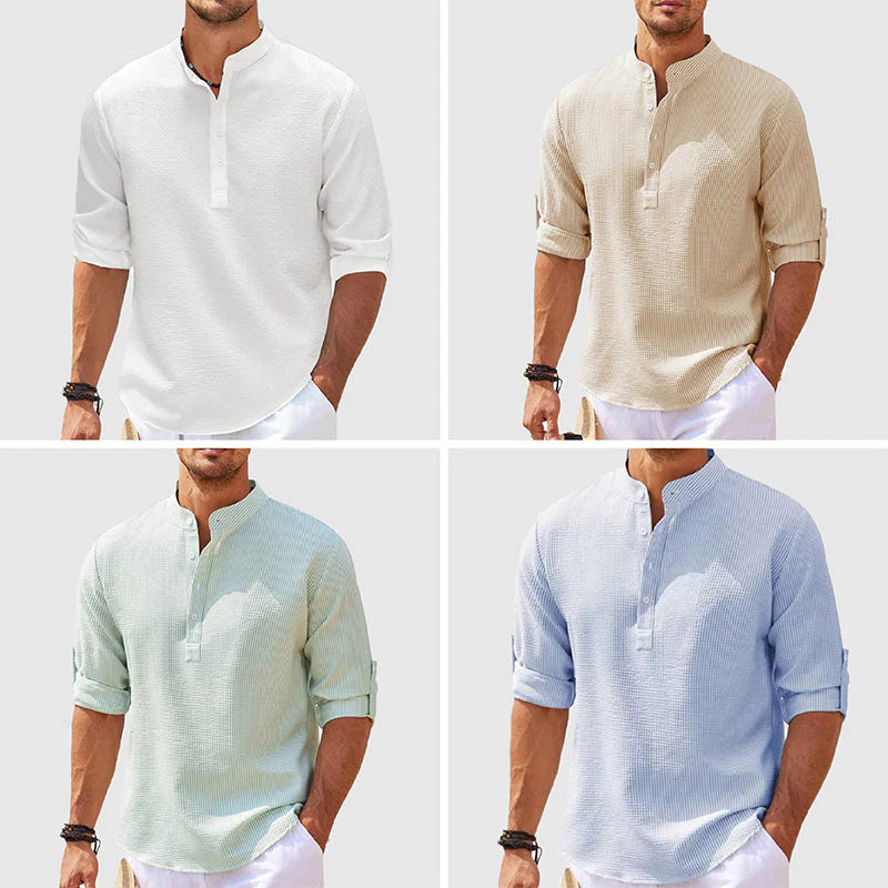 Men’s Casual Long Sleeve Stand Collar Shirt | Solid Color Loose Fit Pullover | Cotton Blend Autumn Top for Men | Stylish Minimalist Shirt | S–5XL (Multiple Colors) - Apparel & Accessories > Clothing > Clothing Tops > Shirts